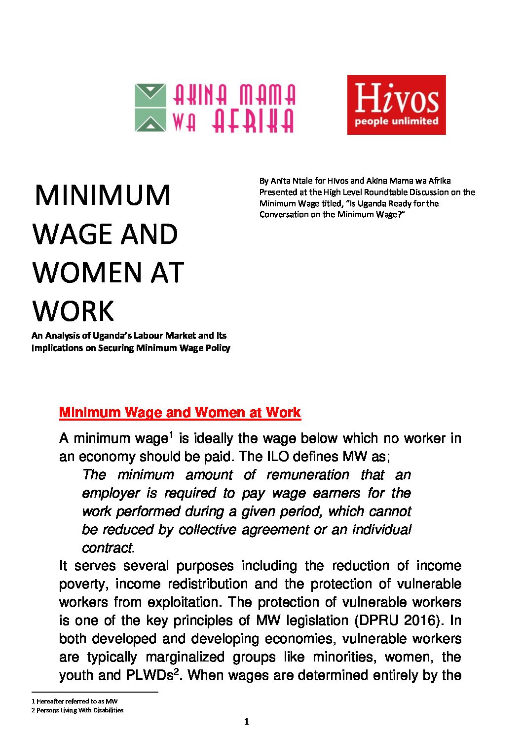 Minimum Wage and Women At Work