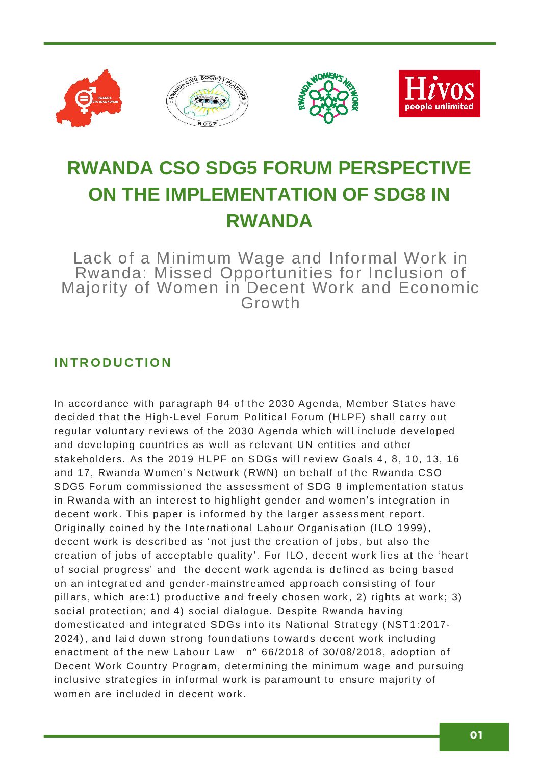 Rwanda CSO SDG5 Forum perspective on the implementation of SDG8 in Rwanda